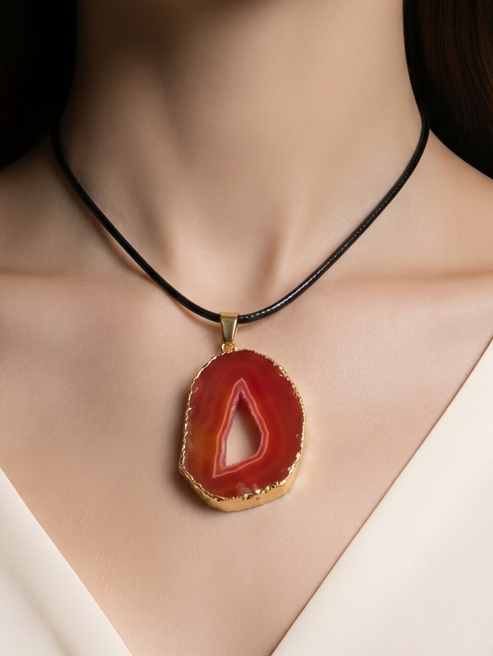Tangerine Orange Druzy Agate Teardrop Necklace Red Geode Slice Gold Edge Pendant